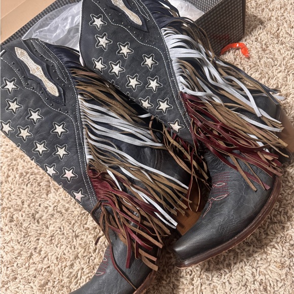 Macie Bean Shoes - Macie Bean custom Red, white and Blue Western Fringe Star Cowboy Boots